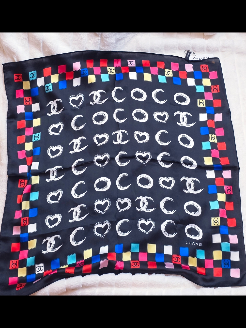 Fashion Black Silk Scarf with Multicolor Checker Border